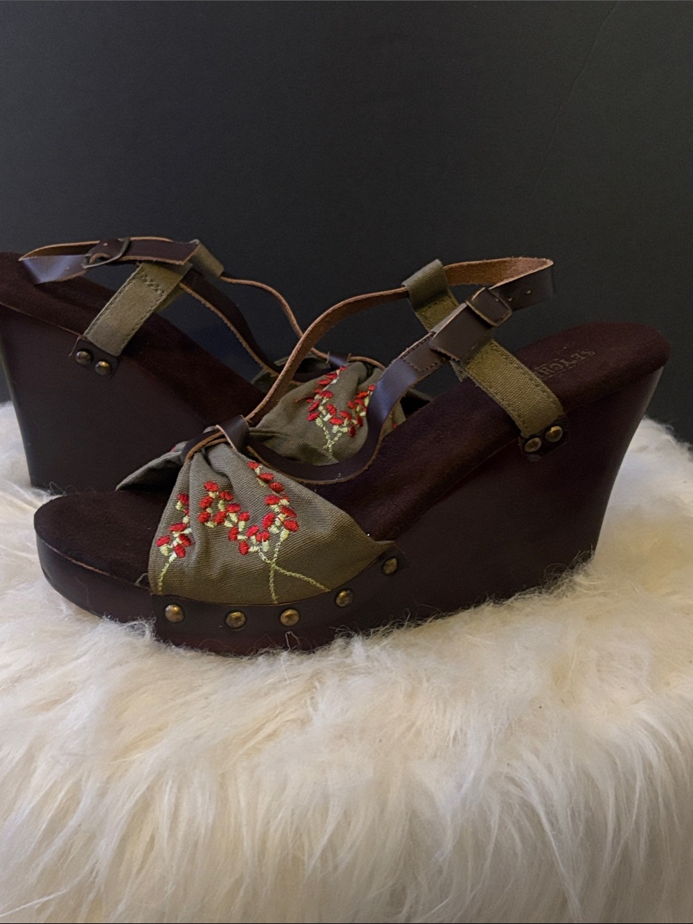 Seychelles Olive Embroidered Wedge Sandals